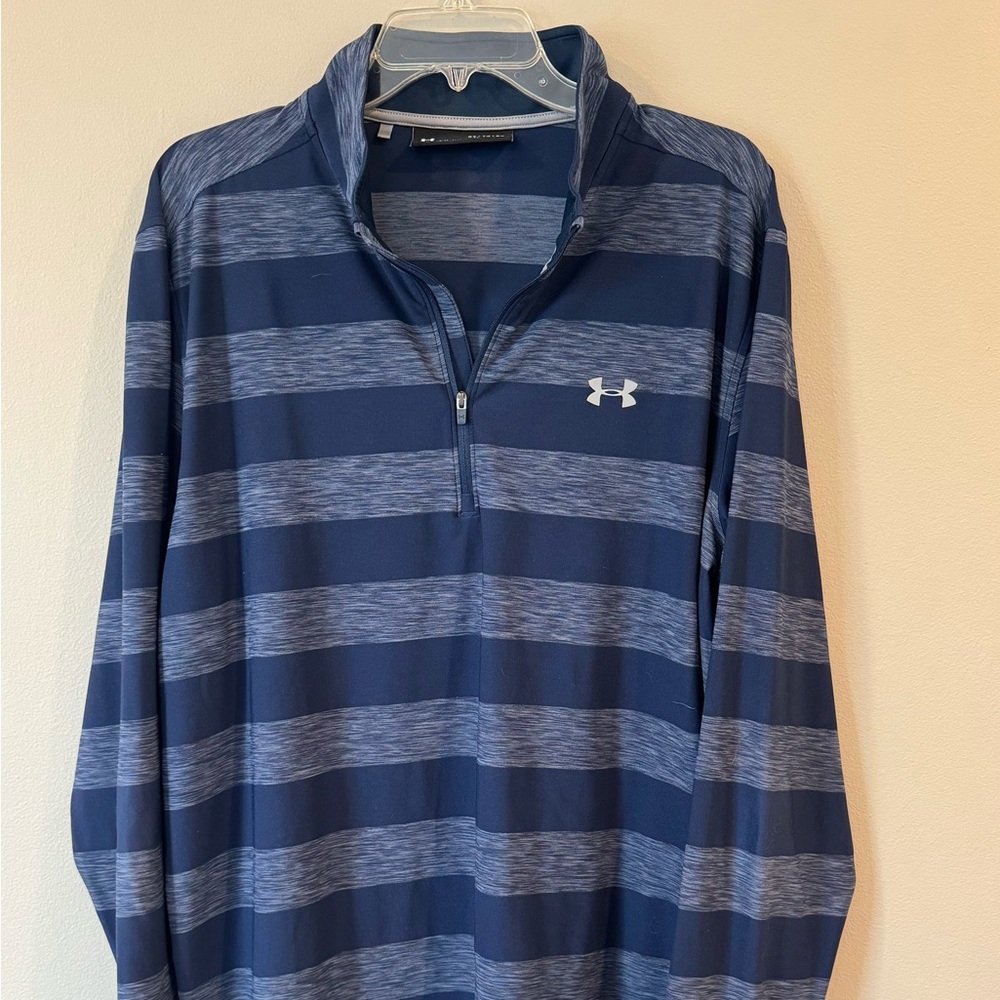 Under Armour 1/4 Zip Long Sleeve Shirt Blue Stripe  Golf Loose Fit Men's XL